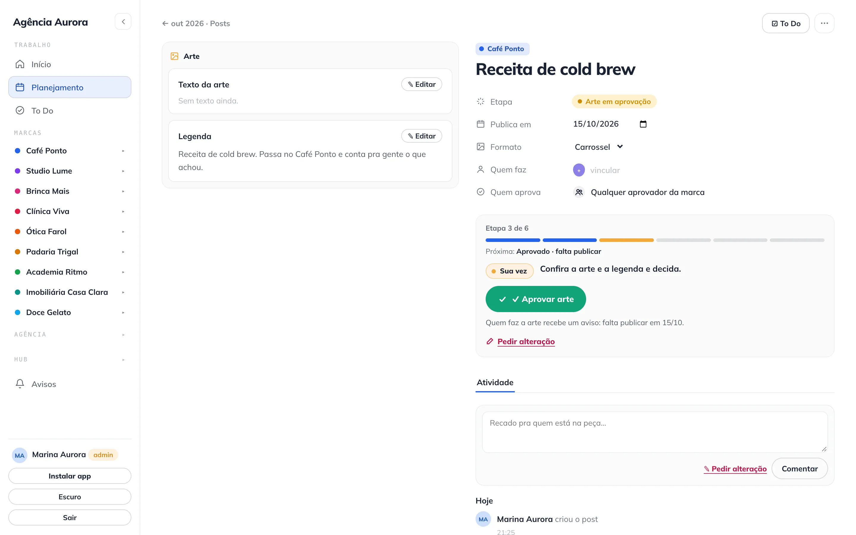 Calendário de conteúdo por cliente